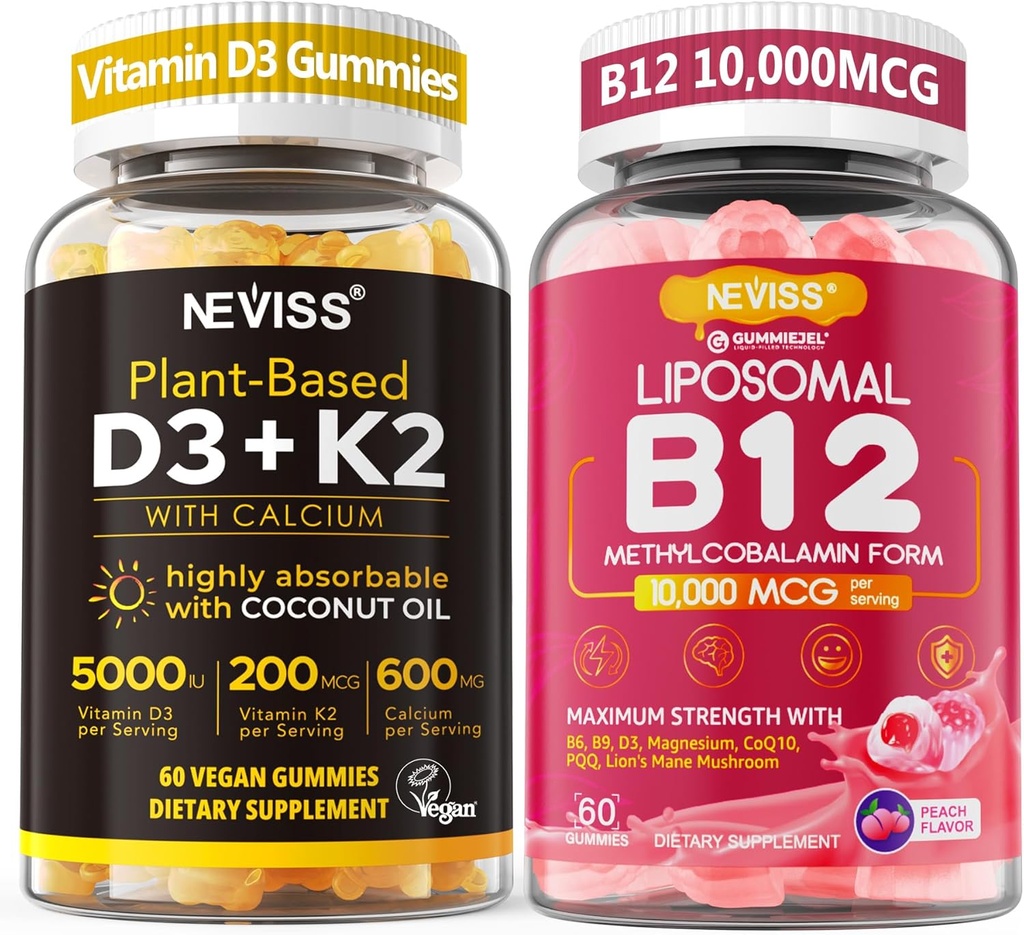 NEVISS 2Pack Vitamin D3 5000iu & K2(som MK7) 200mcg Gummies + 600 mg Kalsium + 1 Pack Liposomal Metyl B12 5000mg/1000mg