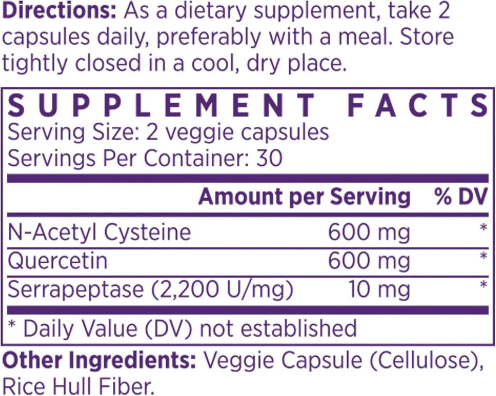 NAOMI NAC 600mg med Quercetin for immun- og respiratorisk støtte, normal puste, nasal og øyekomfort, Sinus og respiratorisk funksjon, 60 kapsler
