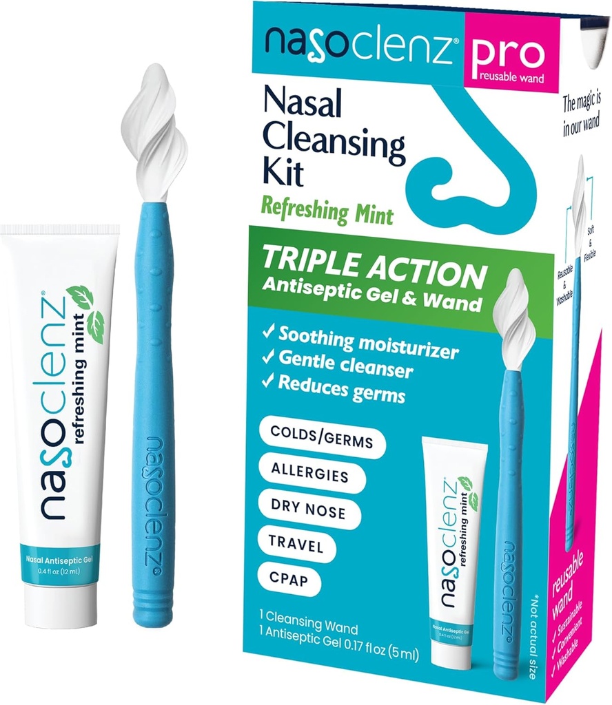 Pro: Nasal Cleansing Kit – Gentle Wand & Nasal Antiseptisk Gel, Nese Cleaner og Nasal Moisturizer for tørr nese & Sinus Relief (Mint 1 greve, opp til 120 bruk)