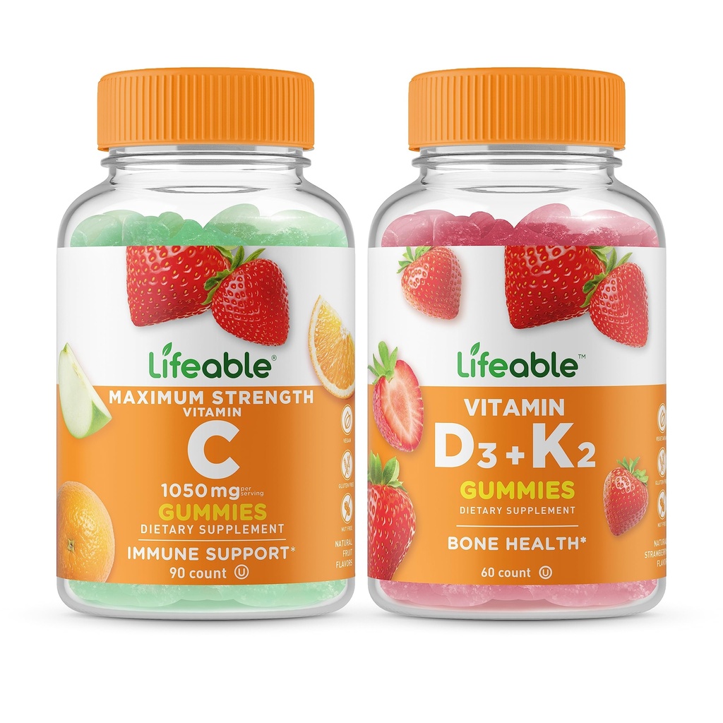 Livbar vitamin C 1050mg + vitamin D3 + vitamin K2, gummier Bundle - Great Tasting, vitamin Supplement, Glutenfri, GMO Gratis, Chewable Gummy