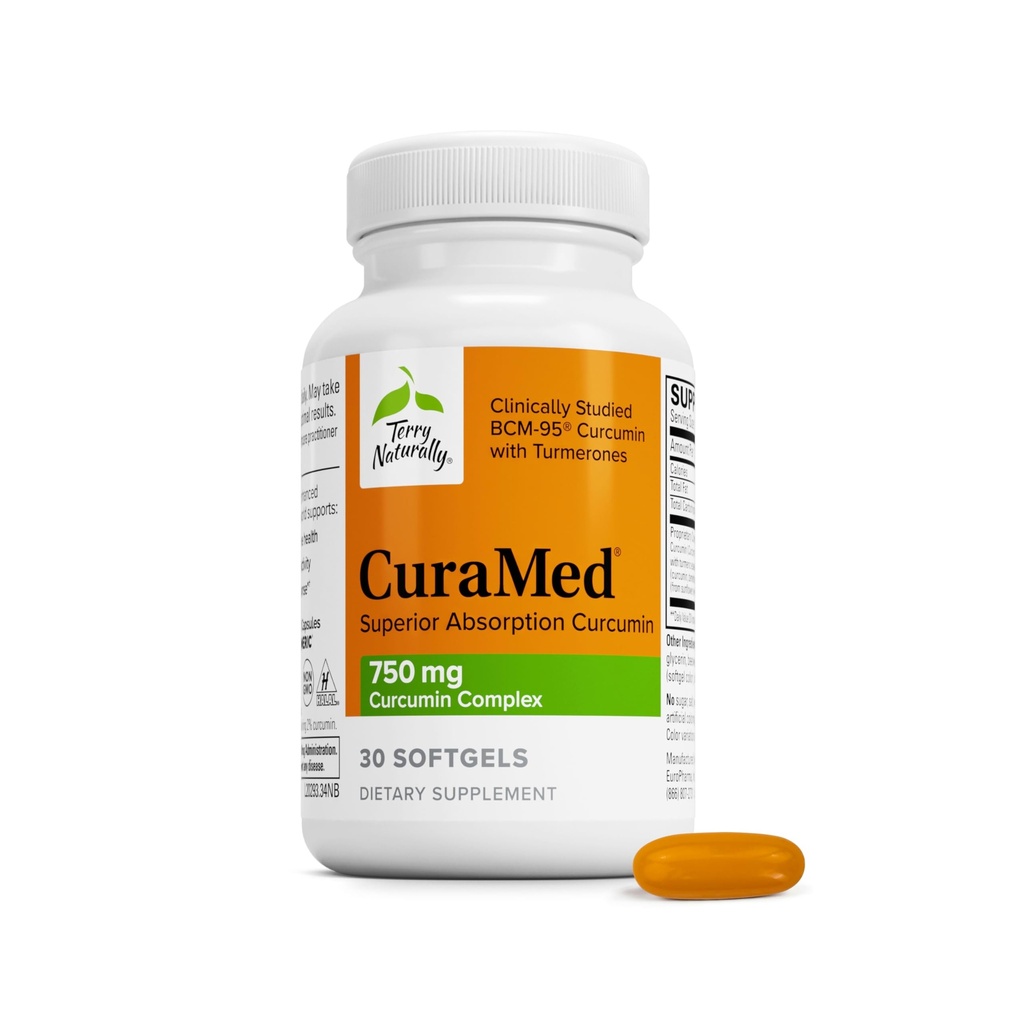 Terry Naturally CuraMed 750 mg - Antioksidant Supplement for hjerne og hjerte helse støtte - Diett Supplement med høy potens Curcumin Complex - Nyre, lever og immun helse støtte - 30 Softgels