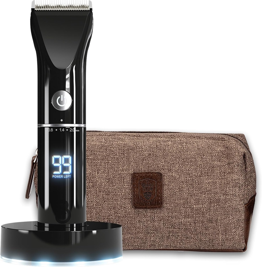 Beard Club trimmer for menn med reisepose - Elektrisk trådløs oppladbar skjegg og hår trimmer - høy effekt 7000 RPM - 8 farger guider 45 Unike trim lengder - reiselås