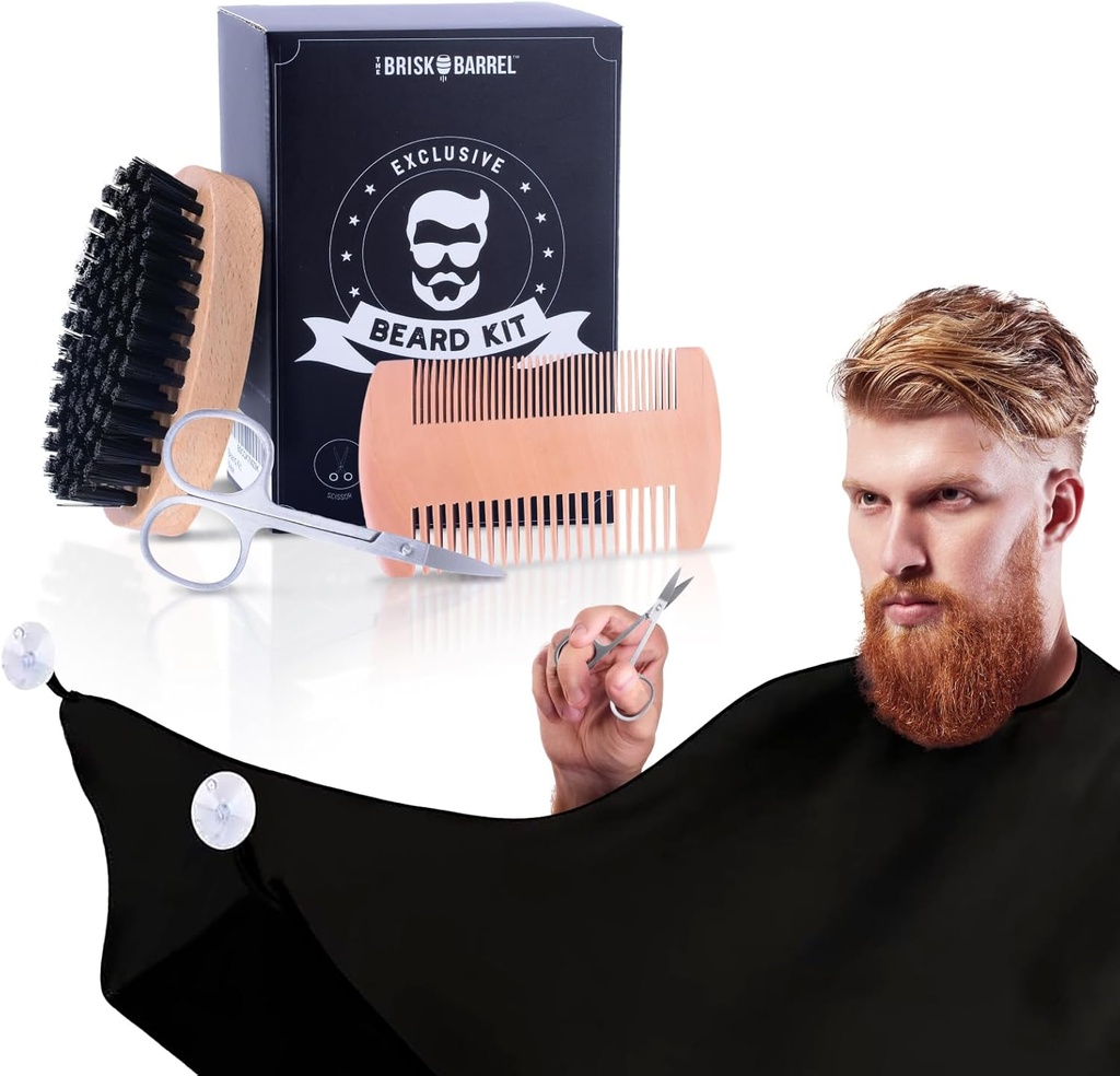 Skjorte Grooming Kit for menn 4 i 1. Skjortebørste og Comb sett med messy gratis Bib Apron, Mustache Scissors. Naturlig børste og dobbelt handling Comb. Mens Grooming. Gave til mannen,