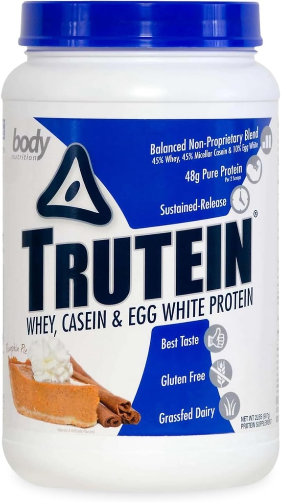 Body Nutrition Trutein High Protein pulver: 45% Whey, 45% Casein, 10% Egg Hvit, Glutenfri, Lav Natrium, Grass Fed Whey Protein pulver, Gym Supplement & Breakfast Shake, Pumpkin Pie, 2lb