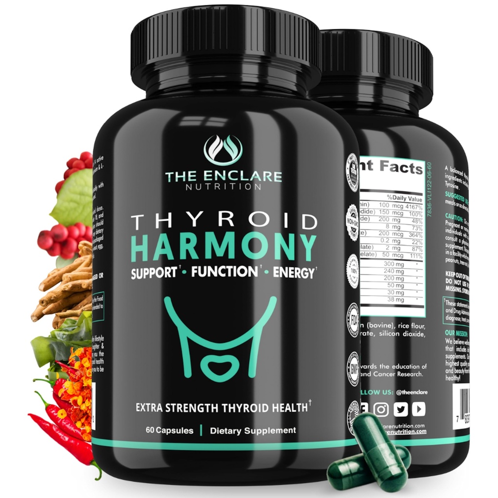 ENCLARE NUTRITION Thyroid støtte supplement med jodin - balansehormoner for energi, metabolisme, fokus, stress, humør. Ashwagandha, Sink, Selenium, Vitamin B12, Kelp, Magnesium, L Tyrosin (1)
