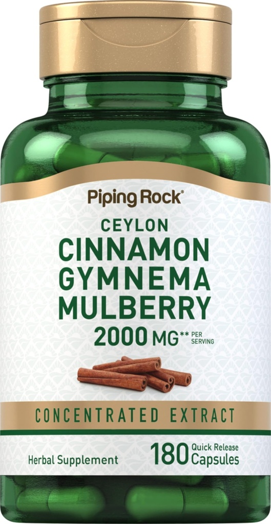 Piping Rock Ceylon Cinnamon Gymnema Mulberry Complex | 2000mg | 180 kapsler | Herbal Supplement | Konsentrert ekstrakt | Ikke-GMO, Glutenfri