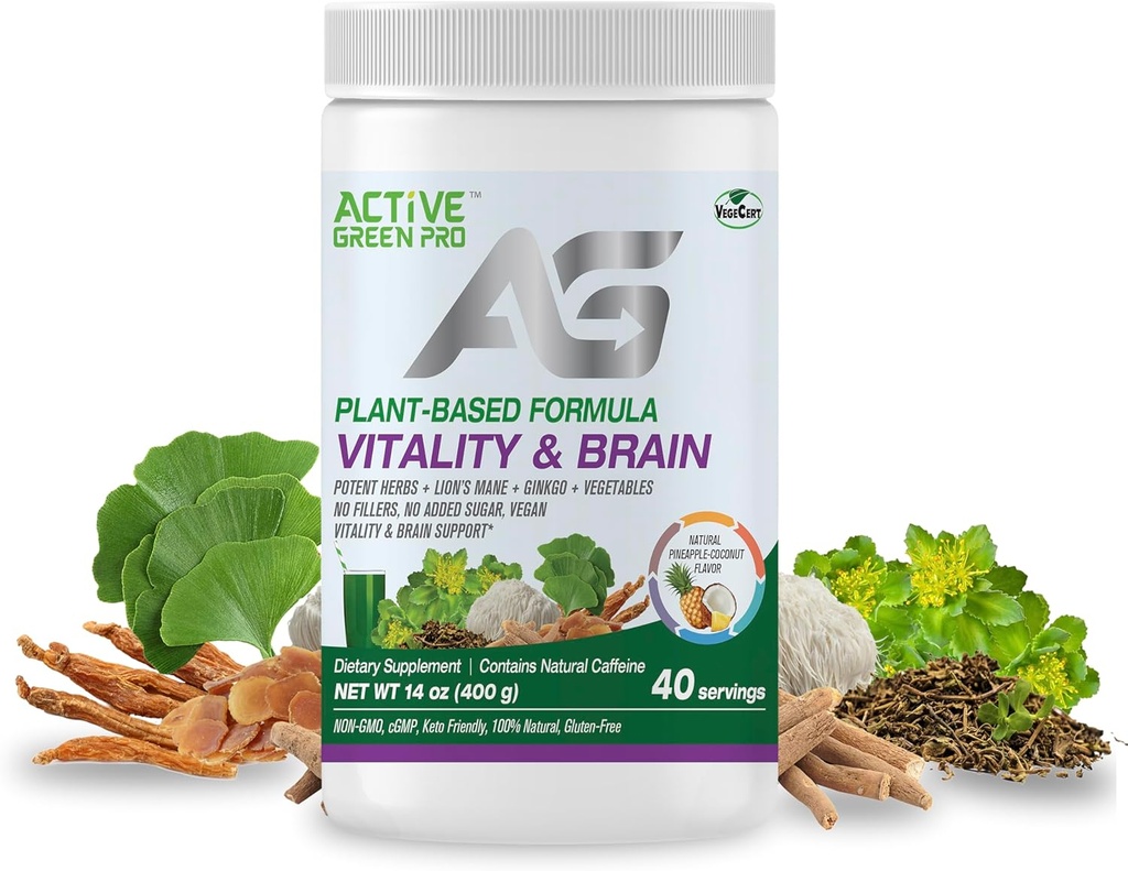 Vitality & Brain Powder, Blanding av Synergistiske urter, Lion's Mane, Ginkgo og Grønnsaker, Plantebasert formel, Ingen fyllstoffer, Ingen sukker tilsatt - 40 Serveringer