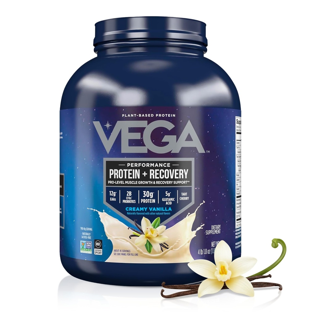 Vega Sport Vegan Protein pulver + Recovery - 30g Plante Basert Protein per Serving, Vanilla, 45 Servings, 5g BCAA, Probiotika, NSF-sertifisert, For Skaker og Smoothies, 4.1lbs (Packing May Vary)