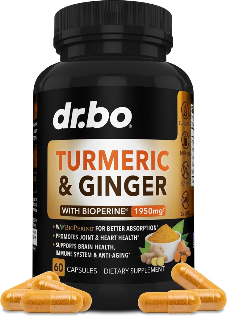 Turmeric Curcumin med BioPerine & Ginger Supplement - 1950mg Organic Tumeric og Curcumin BioPerine Black Pepper Piller - Ginger Supplement 60 kapsler