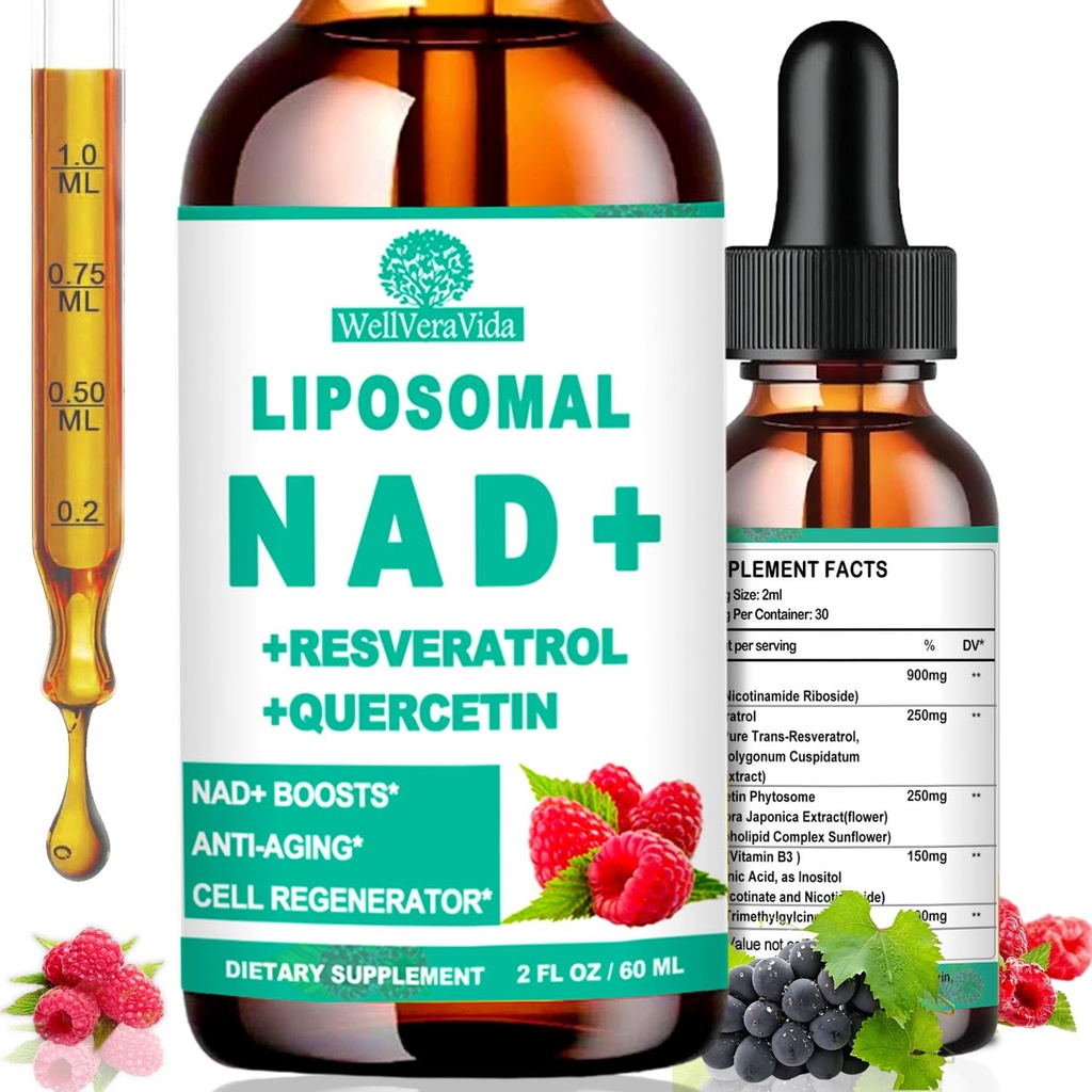 NAD Kosttilskudd for kvinner og menn, Liposomal NAD Nicotinamid Riboside Resveratrol 900mg, TMG, Quercetin, vitamin B3, organisk flytende NAD Resveratrol Supplement for lang tid, energi, anti-aldring, Fokus