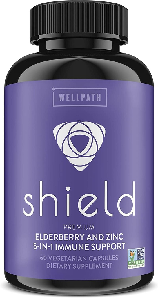WellPath Shield Elderberry Capsules - 5-i-1 immunstøtte Booster med sink, vitamin C, Echinacea, Bee Propolis - Premium Sink Supplement - 600 mg Sambucus Black Elderberry Pills for voksne - 60 Ct
