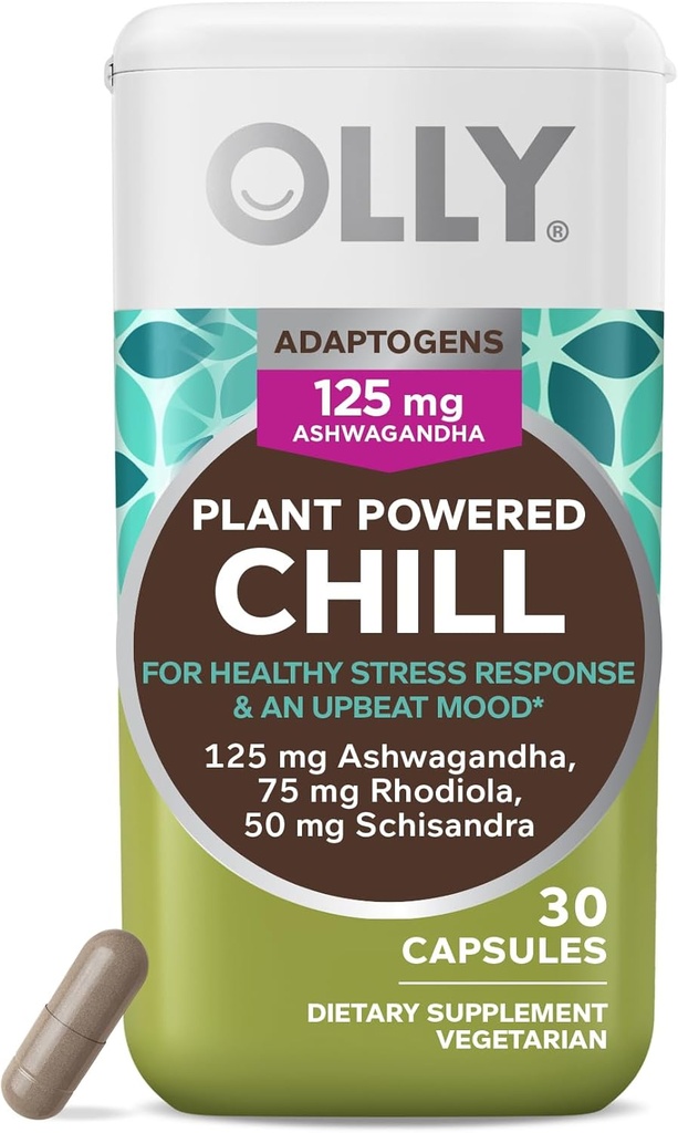 OLLY Chill Adaptogen, Ashwagandha, Mood Support Supplement med Rhodiola Root, Vegetariske kapsler - 30ct