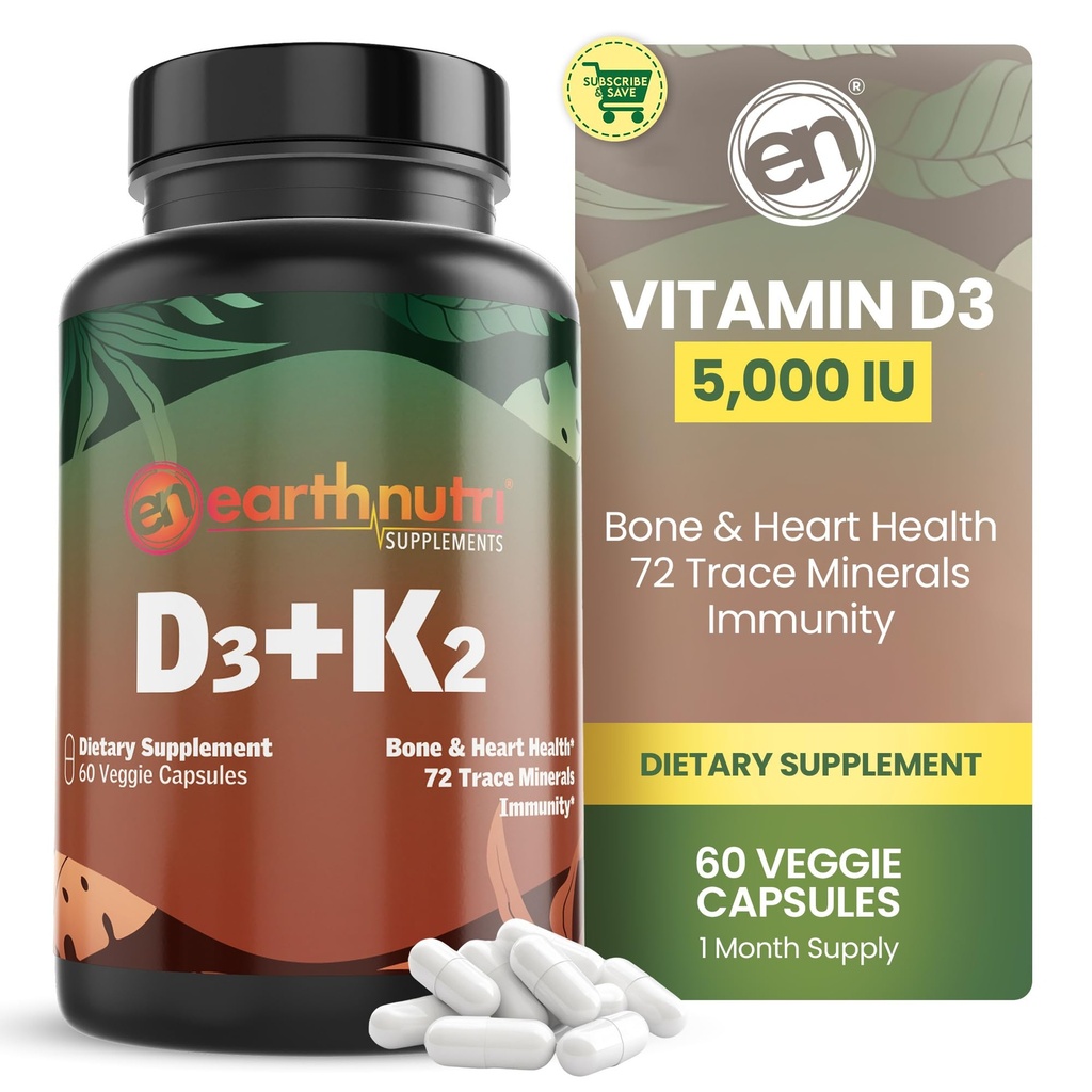 EarthNutri Vitamin D3 K2 Supplement 5000 IU – Inkluderer K2 fra MENA Q7, D3 fra Vitashine, Kalsium fra Aquamin & 72 Trace Minerals – for immun-, bein- og hjertehelse – Ikke-GMO – 60 Veg Kapsler