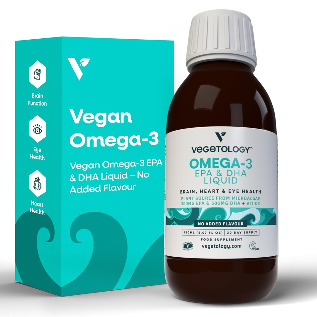 Vegan Omega 3 væske, fra Microalgae, 800 mg EPA DHA, med vitamin D3, støtter hjerte, hjerne og øye helse, naturlig fiskeolje alternativ, UK laget, uflauvert