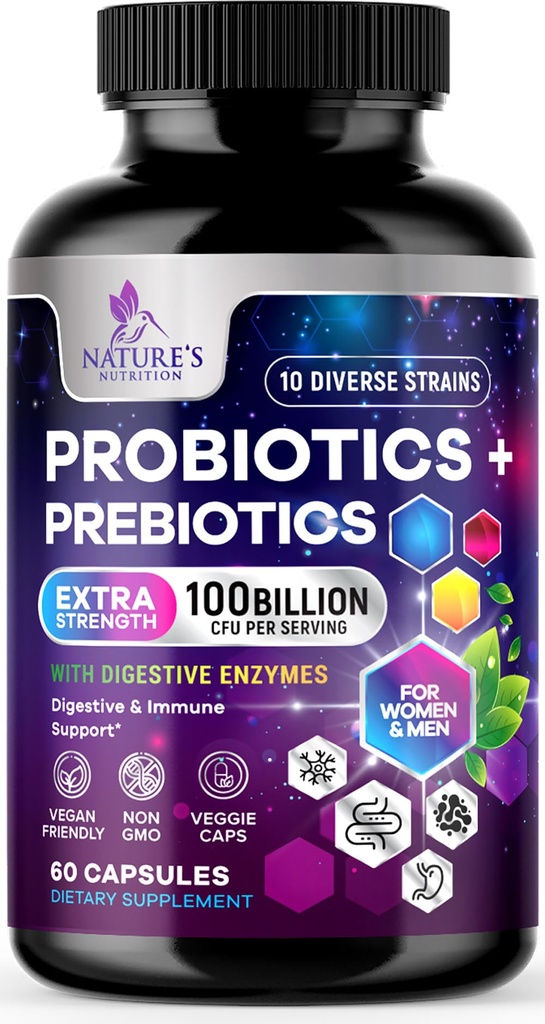Probiotika for kvinner og menn 60 milliarder CFU - 10 Strains med Lactobacillus, Digestive Gut Health Probiotika & Immune Support Supplement, Støtter Avslappende Stivhet, Gas & Bloating - 60 Kapsler