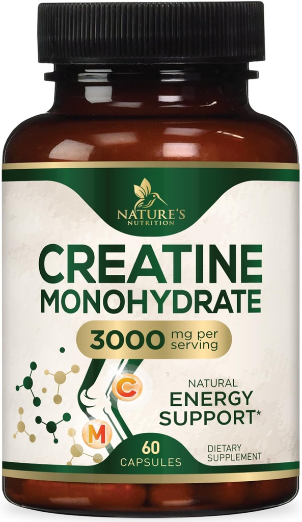 Kreatin Monohydrat Capsules 3000mg – beste mikronisert kreatinpulver - støtter Lean Muscle, styrke, energi, og utholdenhet - Naturens kosttilskudd, ikke-GMO, Glutenfri for kvinner og menn - 60 kapsler