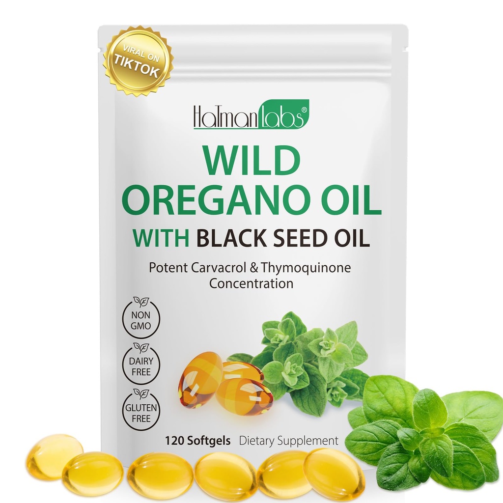Oregano oljekapsler, 2 i 1 olje av Oregano med svartfrøolje, Oregano oljetilskudd kapsler, organisk olje av Oregano ekstrakt, ikke-GMO, Glutenfri