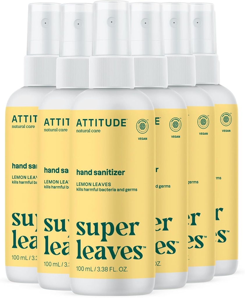 ATTITUDE hånd sanitator Spray for voksne og barn, EWG verifisert, dreper bakterier og gems, vegansk, sitronblader, 3.38 Fl Oz (sprayflaske) (pakke av 6)