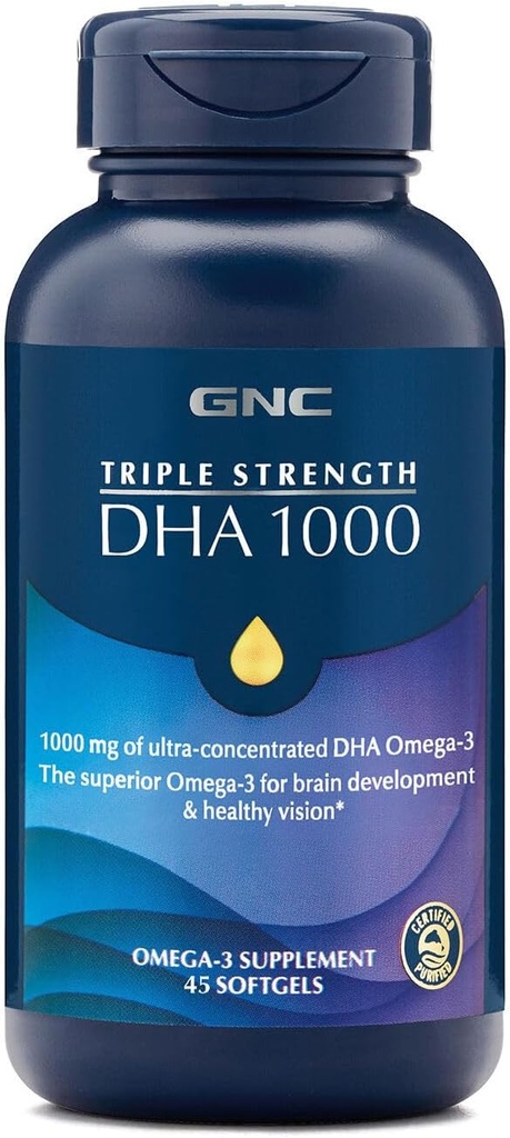 GNC trippel styrke DHA 1000 Omega 3 Supplement, 1000mg DHA, støtter hjerneutvikling og sunn visjon, 45 Softgels