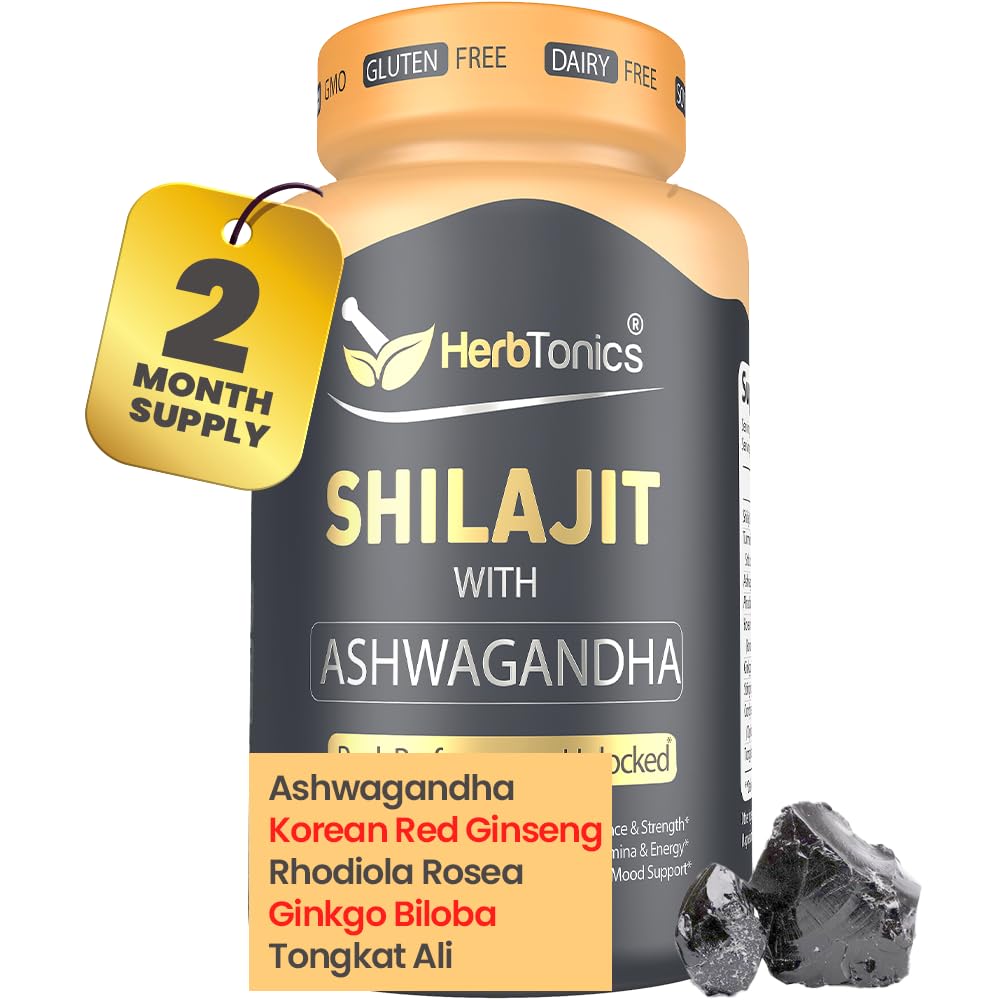 Herbtonics Shilajit for menn og kvinner med Ashwagandha, koreansk rød Ginseng, Rhodiola Rosea, Ginkgo Biloba, Tongkat Ali  Korean Fulvic Acid & Trace Minerals for Stamina & Immunity | 60 Vegansk Kapsler