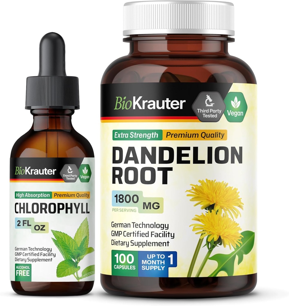 BIO KRAUTER Klorofyll Tinktur 2 fl. Oz. & Dandelion 100 kapsler