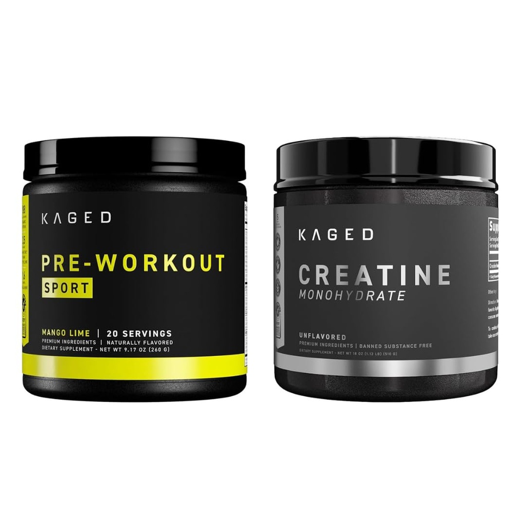 Kaged Pre Sport Pre trening pulver Mango Lime Kreatin Monohydrat Mikronisert pulver Bundle, energi og muskel gjenoppretting Supplement Pack, 20 Services Pre-Workout + 100 Services Creatine