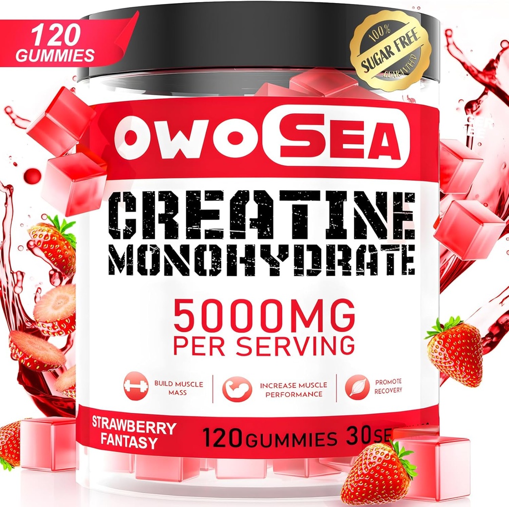 Kreatin Monohydrat Gummier for menn og kvinner 5000mg Kreatin Monohydrat per servering for muskel støtte Energi Boost 120 grev Chewable 5g Kreatin Supplement Sukker Gratis Vegan (1 pakke, Jordbær)