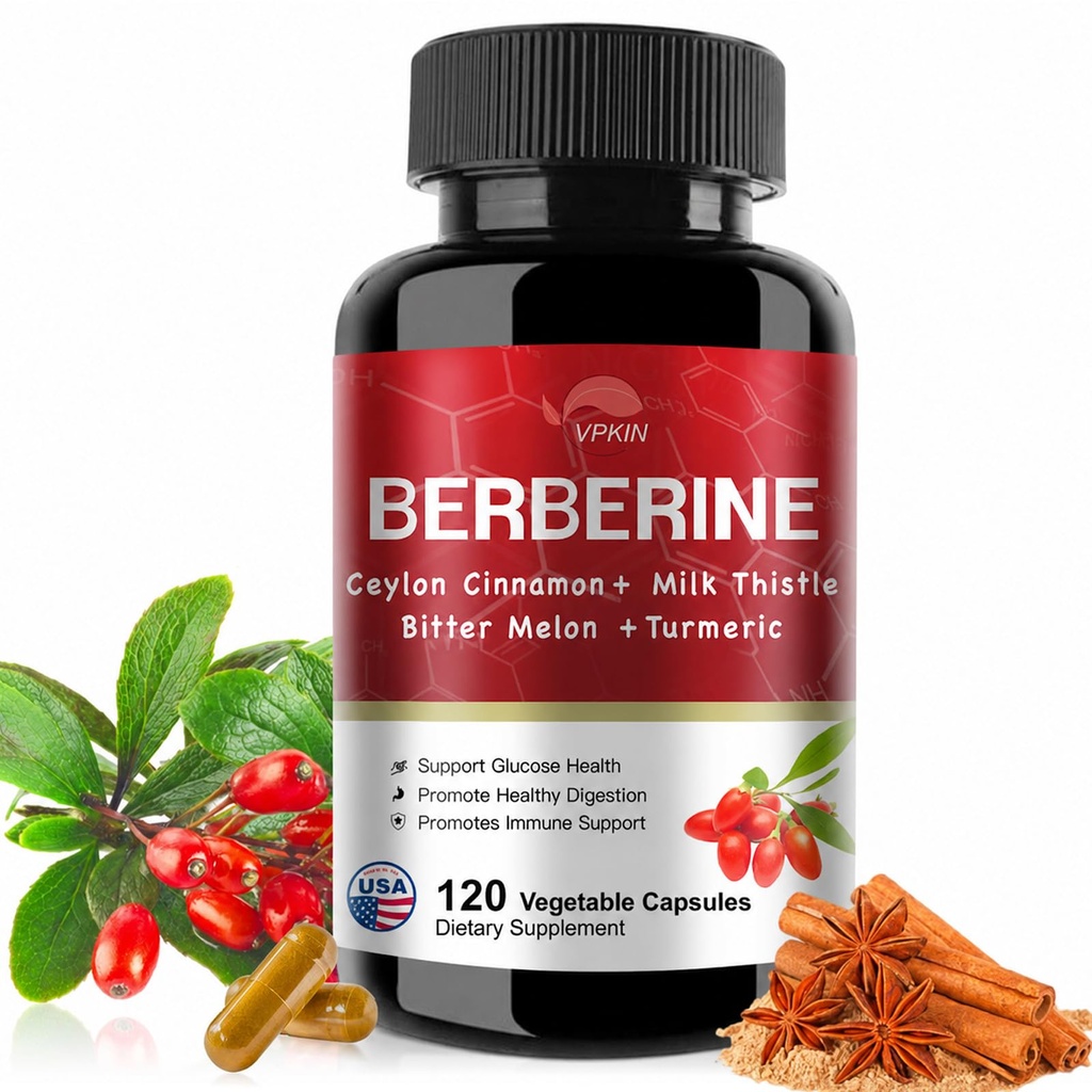 Berberin Supplement 19.060mg, Berberin med Ceylon Cinnamon,Bitter Melon,Milk Thistle,Berberine HCl Supplement (120 kapsler)