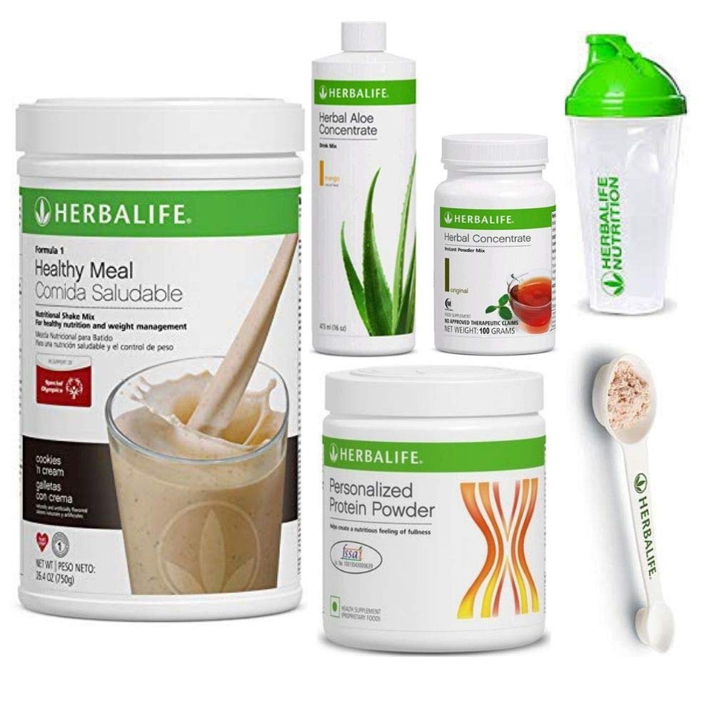 Herbalife Shake Sunn Meal Kit | Cookies and Cream Formula 1 + Herbal Aloe (Mango) + Herbal Tea Concentrate + Protein Powder + Shaker Cup & Spoon