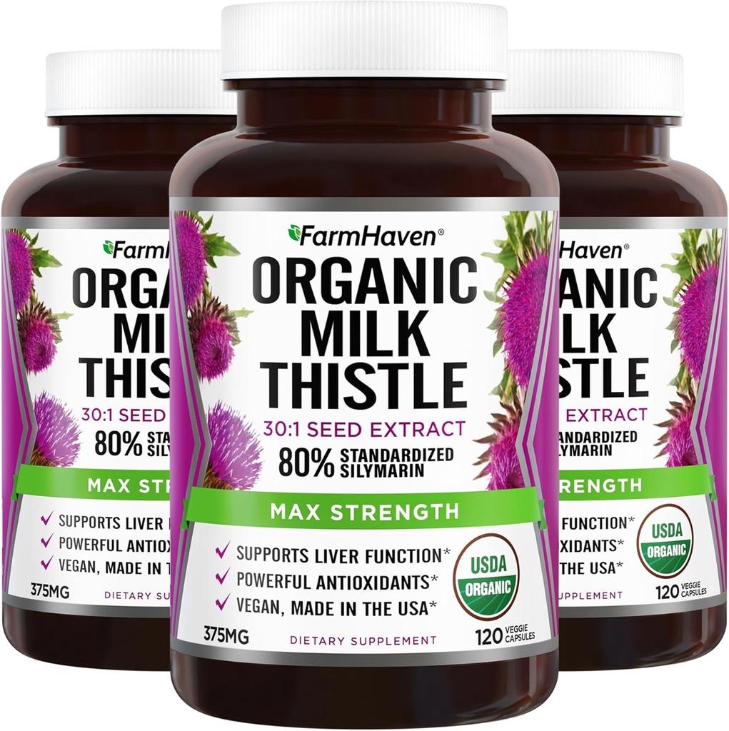 FarmHaven USDA Organic Milk Thistle Capsules ® 30X Konsentrert frø ekstrakt & 80% Silymarin Standardisert - støtter leverfunksjon og generell helse ® Ikke-GMO ® 360 Vegansk kapsler