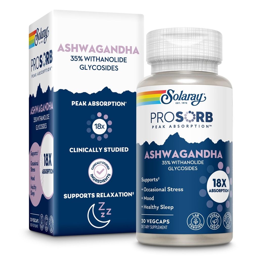 SOLARAY Ashwagandha Kapsler 18X Absorpsjon - Ashwagandha Root and Leaf Extract 240 mg - Av og til Stress Relief and Mood Support Supplement - Vegansk, 60-dagers garanti - 30 Services, 30 Vegkaps