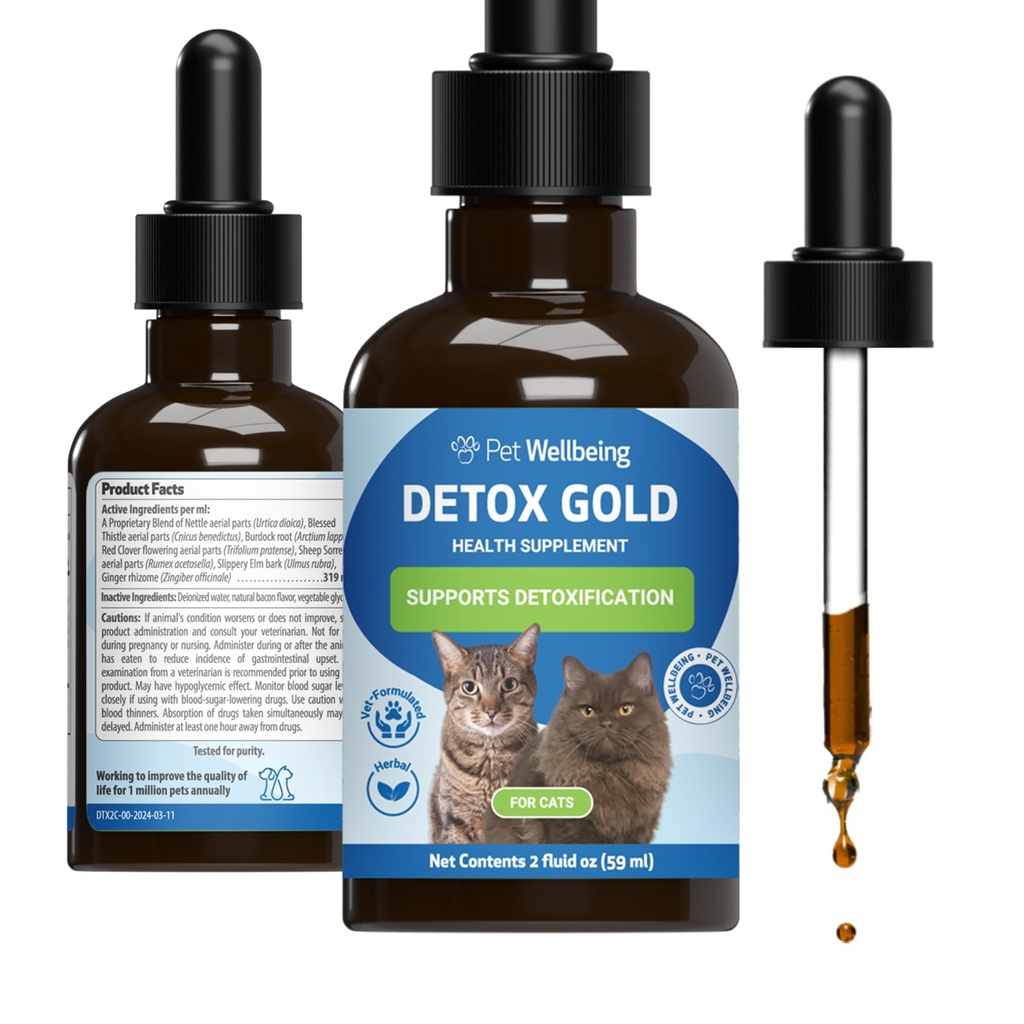 Kjæledyr velvære Detox Gull for katter - Gentle Detoxification & Elimination Support, Immune System Care, Nettle, Velsignet Thistle, Burdock Root - Veterinærformulert Herbal Supplement 2 oz (59 ml)