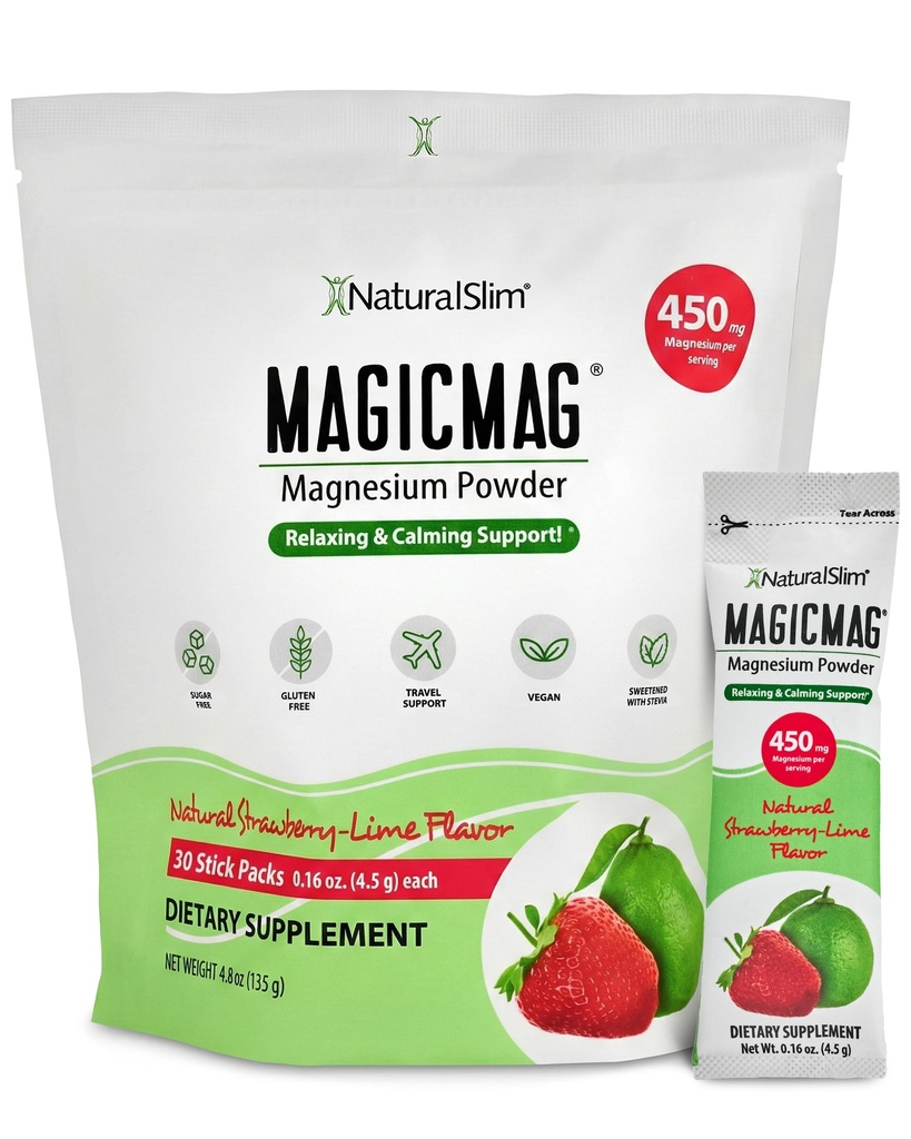 NaturalSlim MagicMag Magnesium Packets 30 Stick Pack Magnesium Citrat pulver - Stress, dyspepsi, muskel, hjertehelse og søvn støtte 中 Naturlig Jordbær & Lime Flavored Magnesium Supplement