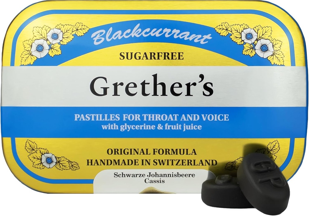 GRETHER Sugarfree Blackcurrant Pastilles - Naturlig tørr munn Relief - Soothing Throat & sunn stemme - gave til sangere - 3,75 oz. 1 pakke