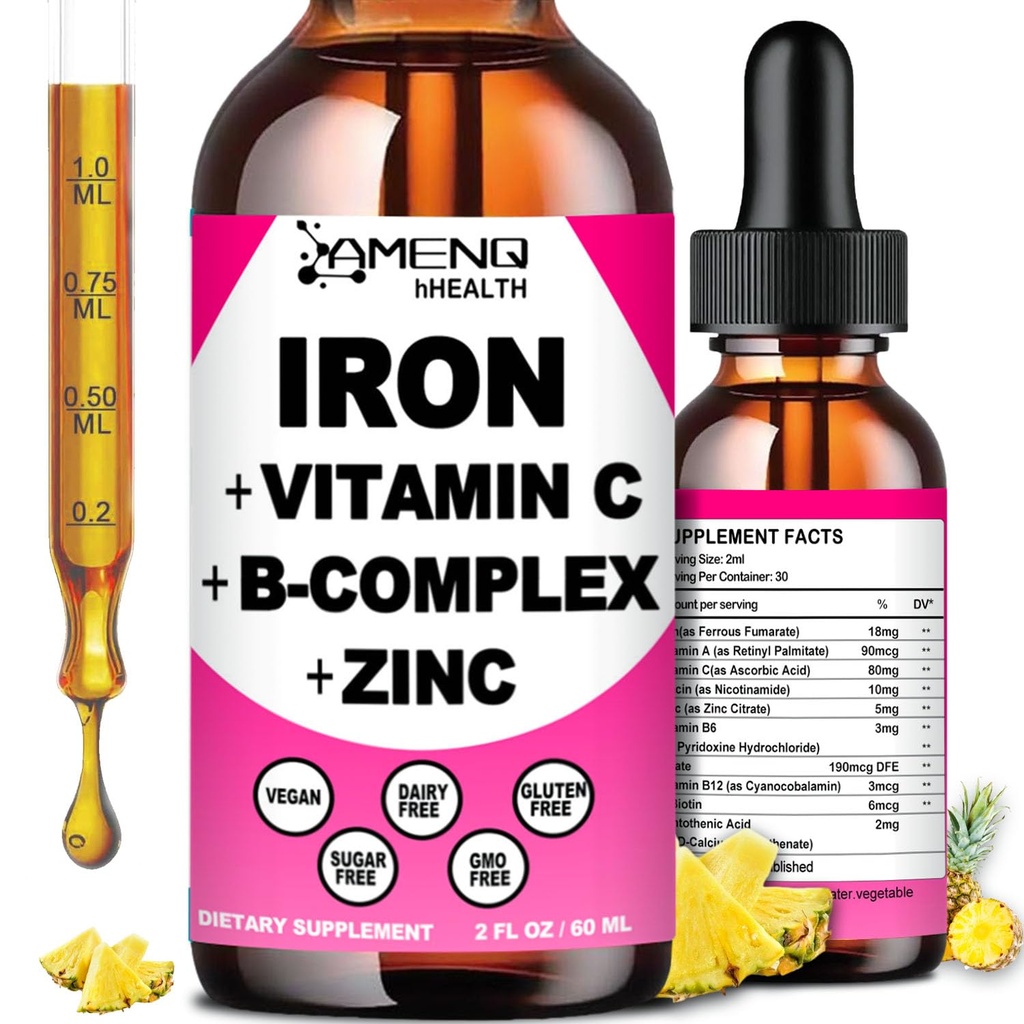 Iron Supplement for kvinner menn og barn, jern vitamin C, A, B-kompleks, vegansk jerndråper høy styrke flytende vitamin og jern kosttilskudd for anemi, rød blodcelle, energi, blodbuilder, gentle