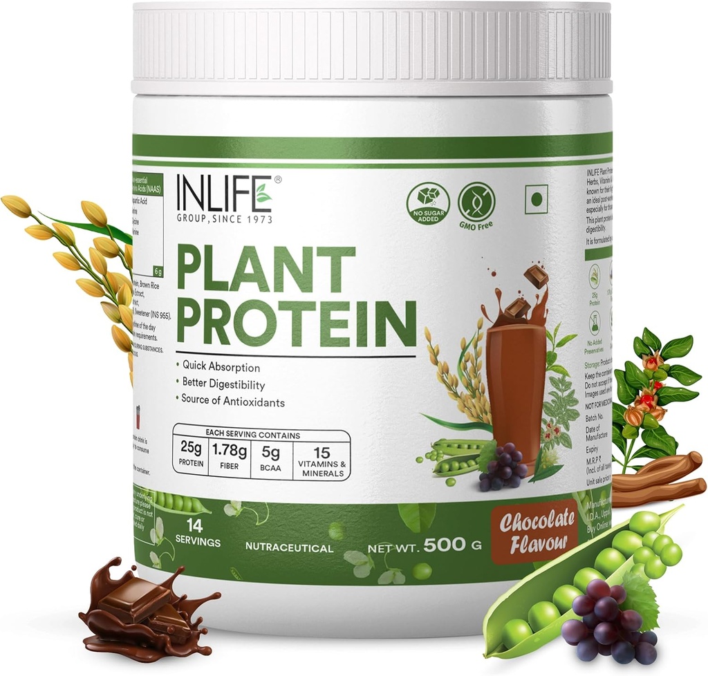INLIFE Plante Protein pulver - Pea, Quinoa & Brown Rice - 25g Protein - Ashwagandha, grønn te og kornfrø ekstrakt - Supplement (500 g, sjokolade)
