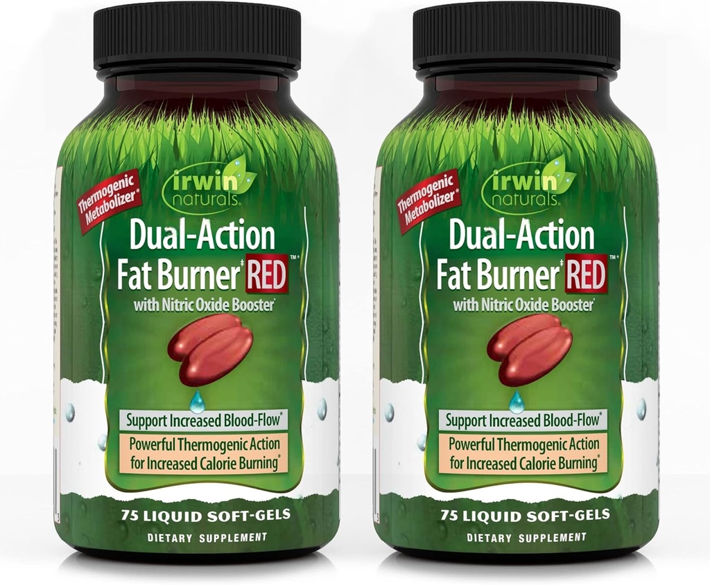 Irwin Naturals Dual-Action fettforbrenner RED - 75 Flytende Soft-Gels, Pakke med 2 - Kraftig termogen med nitric Oxid Booster - 50 Total Services