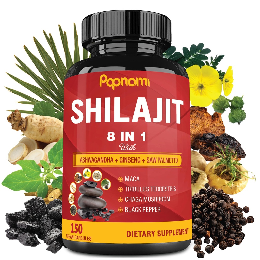 Shilajit Himalaya Supplement for menn og kvinner - 150 kapsler kombinert Ashwagandha, Ginseng, Sag Palmetto, Maca, Tribulus, Chaga & Black Pepper - Vitality Energy og Immune Supports