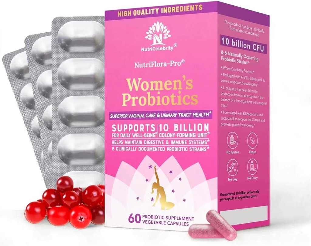 Nutricelebrity NutriFlora-Pro-probiotika for kvinner - Støtte Vaginal, urinhelse, immunsystem Distintive System Support, Cranberry Pills Supplement, 10 milliarder CFU 6 Strains (30 Caps) - 2 pakke