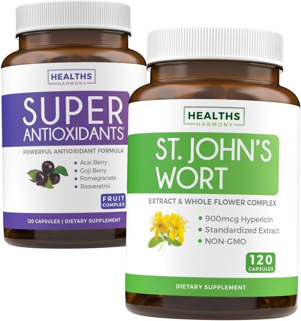 Antioksidanter & St. John's Wort (2-måneders forsyning) Serenity Antioksidant Blend - Super Antioksidanter - Kraftig Super Food Daily Blend (120 Caps) & St. John's Wort - Kraftig 9000mcg Extract (120 Caps)