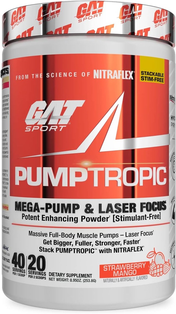 GAT Sport Pumptropic Mega-Pump & Laser Focus Potent Enhancering pulver (Stimulant-Free), 40 Services (Strawberry Mango)