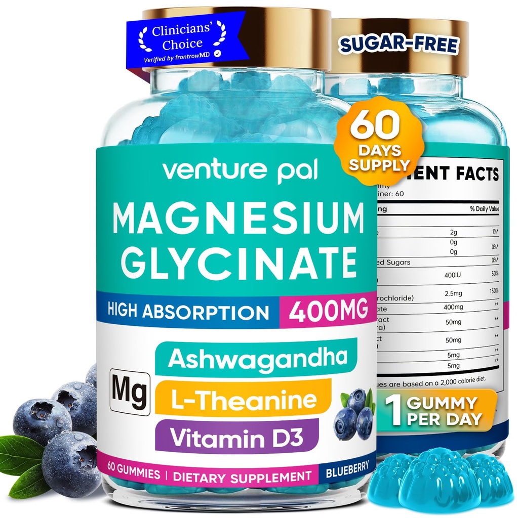 60 dagers forsyning magnesiumglycinat 400 mg gummier med Ashwagandha, L-theanin, CoQ10, Vitamin D3 & B6, sukkerfri magnesium gummier for voksne og barn, stress relief, søvn og ro, vegansk, glutenfri