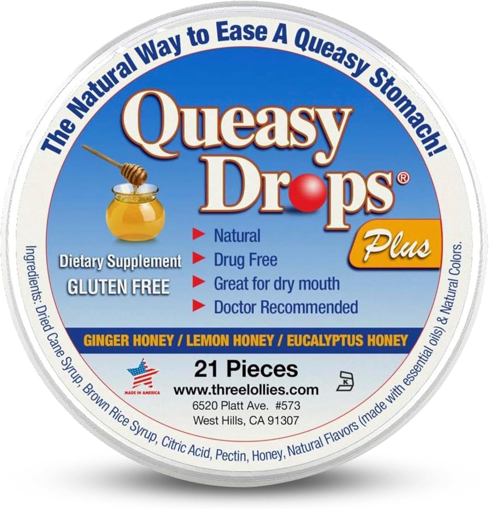 Tre Lollies Queasy Drops Plus - Lozenges med Pectin & Honning til Soothe en tørr munn - Allevidere tretthet og bevegelse sykhet - naturlig - 21 ct