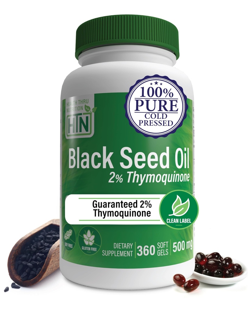 Helse Thru Nutrition Black Seed Oil 500mg 360 Softgels | Høy potens 2% Thymoquinon | 3rd Party Testet | Ren kald presset | organisk kjole | Ikke-GMO, Glutenfri, Soya Gratis
