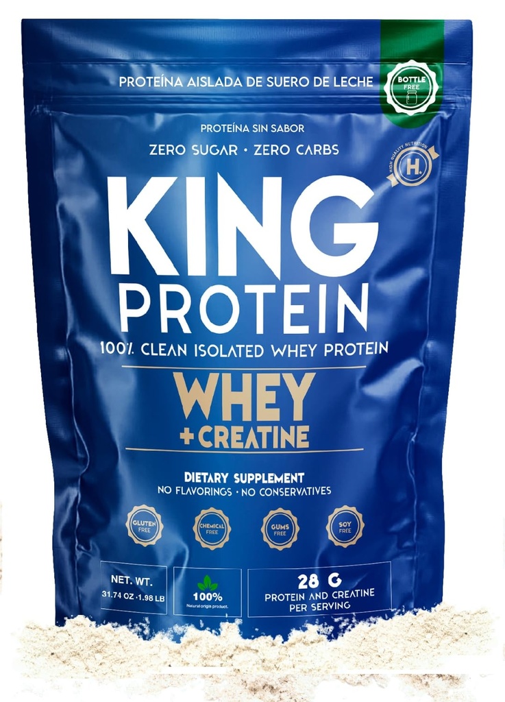 Clean Unflavored Whey Isolate Protein pulver med kreatin | 23g pluss 5g kreatin & organisk BCAA per servering | 100% naturlig | Ingen karbohydrater | Preservativer, GMO, Soja og Glutenfri, 30 Services