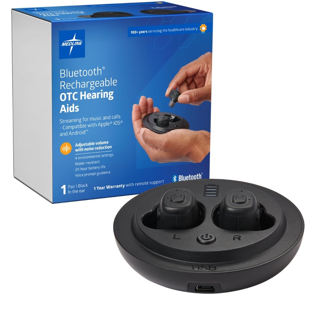 Medline Bluetooth Rechargeable OTC høreapparater, in-The-Ear, 4 miljøinnstillinger, vannmotstandsdyktig, justerbar volum, mild til moderat hørselstap, støyreduksjon, ørepropper