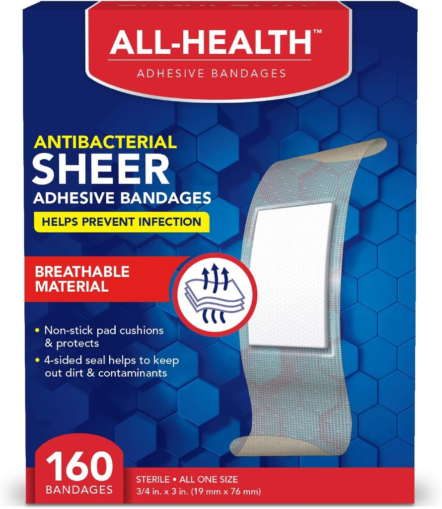 Alle Helse Antibakteriell Sheer Adhesive Bandages, 3/4 i x 3 i, 160 ct | Hjelper til å forebygge infeksjon, ekstra stor behagelig beskyttelse for førstehjelp og sår