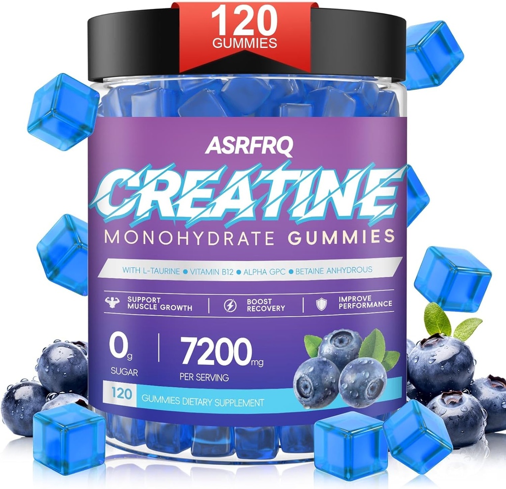Kreatin Monohydrat Gummier for menn og kvinner 120 CT - 7200mg Kreatin Monohydrat per servering, Chewable Kreatin Monohydrat for muskel støtte og energi Boost, sukker gratis, vegansk (BlueberryFlavor)