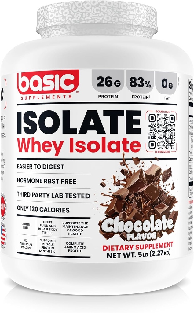 Basic Whey Protein Isolate, 26g Protein, 0g fett, Glutenfri, RBST-fri, Rask absorpsjon, 120 kalorier (5 pund, sjokolade)