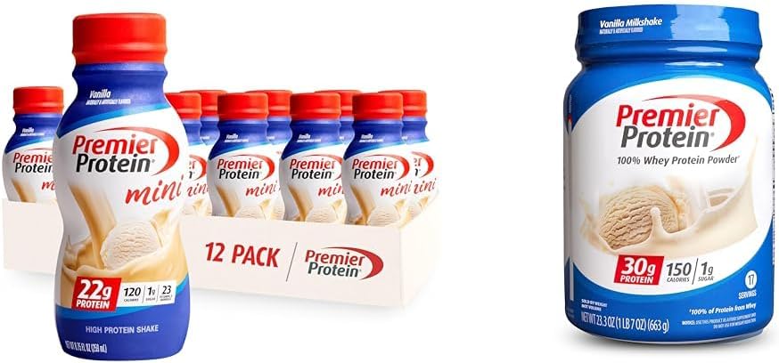 Premier Protein Shake MINIs Vanilla 22g Protein 120 kalorier Pakke med 12 & pulver Vanilla Milkshake 30g Protein 17 Serveringer 23.3 Ounces